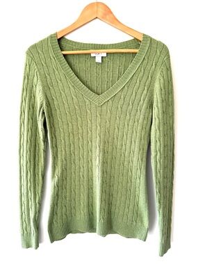 LOFT Herb Green V-Neck Cable Knit Sweater Rabbit Hair Soft Academia Preppy Sz S